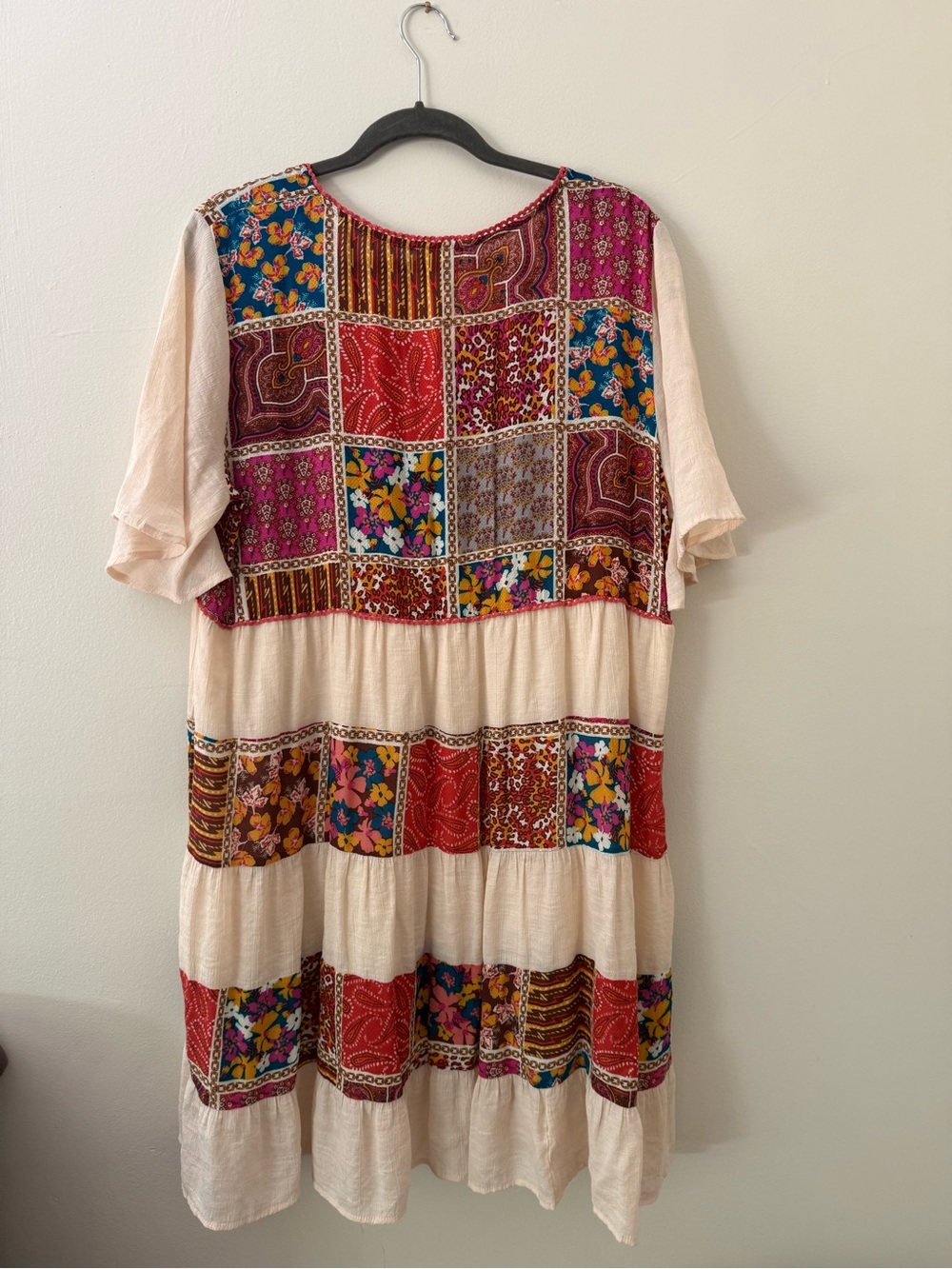 Patchwork Boho Mini Swing Dress Floral Cream Flutter Sleeve Size 1XL - Picture 9 of 9